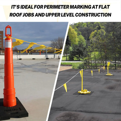 Colorful Pennant Banner Flags For Outdoor Parties And Events, Durable PVC Mesh Construction, OSHA 500 Lb Rated, Fade Resistant Strand, 102 Ft Long, Wide Triangular Flags For High Visibility on rooftop perimeter