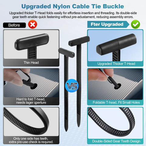 2nd Gen Nylon Universal Cable Ties Buckle Kit, comparison of thin and upgraded thicker T-head and double-sided gear teeth.