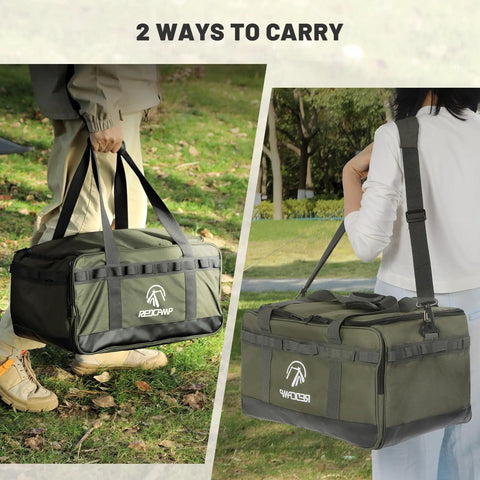 Two views of a 35L Tactical Camping Tote Organizer Duffel Bag, Waterproof Outdoor Storage With 3 Adjustable Dividers And Shoulder Strap For Campsites, Heavy Duty Gear Carrier, Army Green