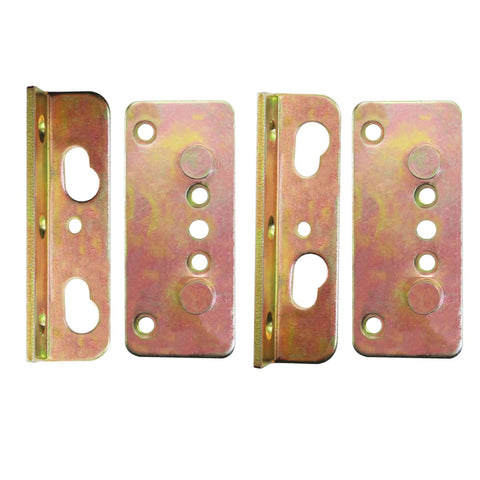 Rock Solid No Mortise Bed Rail Brackets 4 Pack Hella Sturdy Rust Proof Iron Clips For Wood Beds No Sweat Assembly Tight Grip Furniture Hardware Repair Fix, showing four iron brackets.
