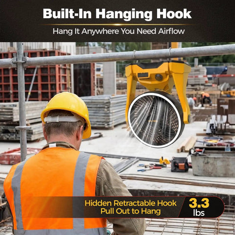 Cordless 20V Jobsite Fan With Infinite Speed, 180 Degree Tilt, Ring Light, USB C hanging with built-in hook at construction site.