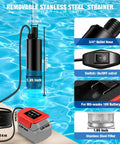 Built Tough Portable Submersible Water Pump With Slick Performance And Fast Drainage Designed For Standard 18 Volt Batteries featuring removable stainless steel strainer in water.