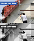 Comparison of upgraded long wand vs normal short wand cleaning a roof with Two 60 Inch Pressure Washer Wand Extensions Stainless Steel Power Washer Lance With One Quarter Inch Quick Connect Fitting 4000 PSI Heavy Duty Beefed Up Reach Extender For Cleaner Safer Spraying From Ground.