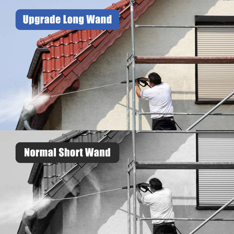 Comparison of upgraded long wand vs normal short wand cleaning a roof with Two 60 Inch Pressure Washer Wand Extensions Stainless Steel Power Washer Lance With One Quarter Inch Quick Connect Fitting 4000 PSI Heavy Duty Beefed Up Reach Extender For Cleaner Safer Spraying From Ground.