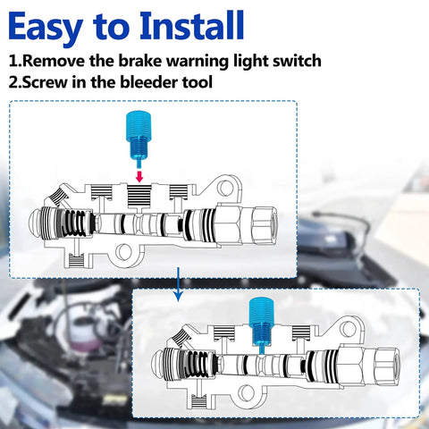Heavy Duty Brake Proportioning Valve Bleeder Tool For Disc Disc And Disc Drum Systems shown in installation steps under a hood.