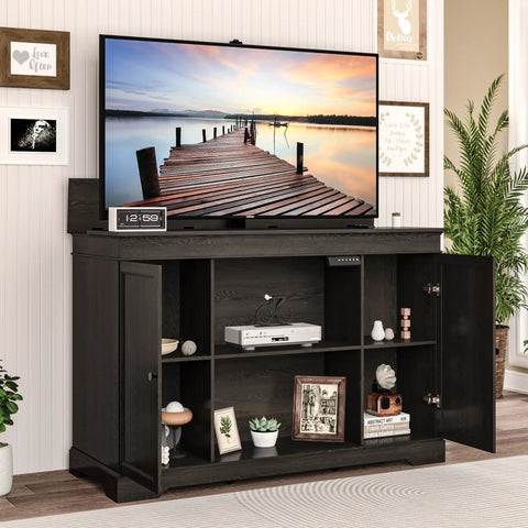 Hidden Motorized TV Lift Cabinet For 55 To 65 Inch Televisions With Storage And Remote Control In A Slick Modern Walnut Finish, front view