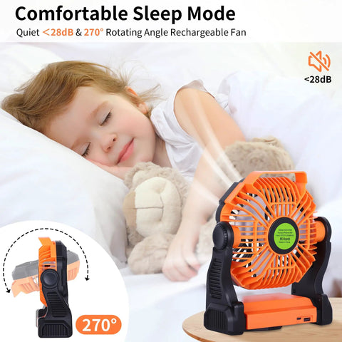 Portable USB Camping Fan With 20000mAh Battery Cordless Rechargeable Personal Fan With LED Light for Quiet Sleep Mode