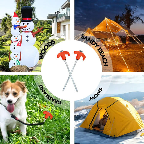 8 Pack Beefy Heavy Duty Screw In Tent Stakes 8 Inch Ground Anchors With Hex Head For Camping Tents Orange Rust Resistant Carbon Steel Durable Weatherproof Stakes Kit With Hex Driver displayed with various outdoor scenarios including snow and sand.