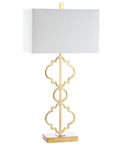 32-Inch Gold Iron Ogee Trellis Table Lamp with USB Port, Modern Glam Geometric Base, White Linen Rectangle Shade, LED Bulb Included