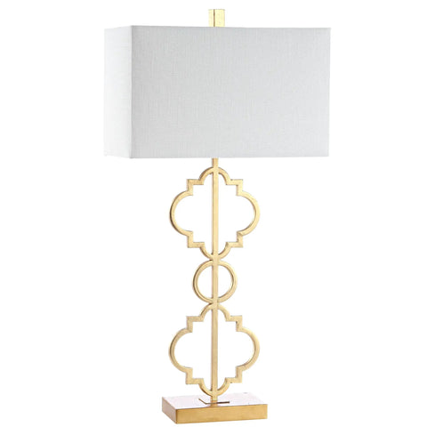32-Inch Gold Iron Ogee Trellis Table Lamp with USB Port, Modern Glam Geometric Base, White Linen Rectangle Shade, LED Bulb Included