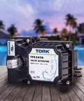 Front view of black TORK TPE24VA valve actuator with 24VAC input and protruding shaft.