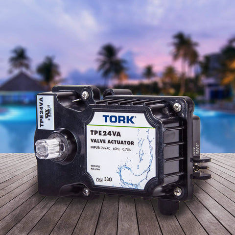 Front view of black TORK TPE24VA valve actuator with 24VAC input and protruding shaft.