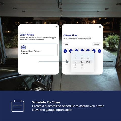 Half Horsepower Chain Drive Smart Garage Door Opener With Battery Backup And One Bulb Lighting Quiet DC Motor And MyQ Connectivity app control screen showing scheduling feature with car parked in garage at night.