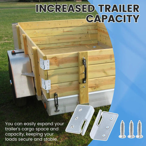 Heavy Duty Trailer Wood Sides Brackets Tailgate Bulkhead Corner Connectors Vehicle Bed Rail Hardware Right Angle Latch Rack Pieces Solid Steel Fittings Built Tough Rig Ready Workhorse mounted on wooden trailer side.