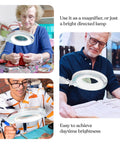 LightView Pro Magnifying Floor Lamp used by people for sewing, reading, and crafts with hands-free magnifier and LED work light.