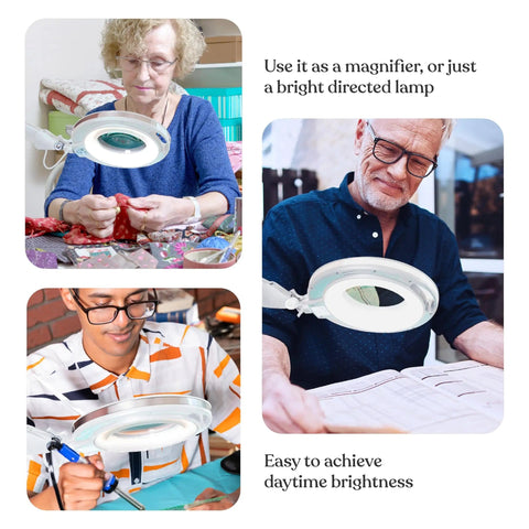 LightView Pro Magnifying Floor Lamp used by people for sewing, reading, and crafts with hands-free magnifier and LED work light.