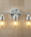 Modern 3-Light Vanity Fixture With Clear Ribbed Glass Shades In Nickel Finish For Bathroom, front view, industrial style
