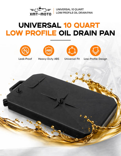 Universal Motorcycle Low Profile Oil Drain Pan With 10 Quart Capacity For Easy Oil Changes featuring heavy-duty ABS material.