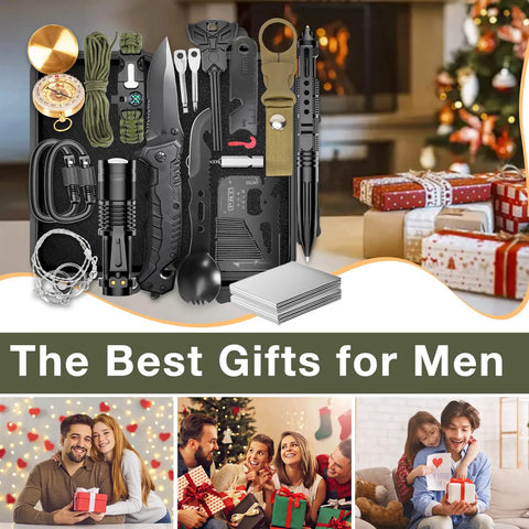 19 Piece Survival Kit For Outdoors Lovers Dope Fishing And Hunting Gadgets Included Essential Hiking Camping Gear Emergency Prep Tools Ideal Gift For Men Dads Husbands Teens Perfect Christmas Or Birthday Present in foam-lined box with various tools displayed.