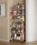 Premium Six Tier Rolling Storage Cart With Swivel Wheels, Sturdy Metal Mobile Shelving Rack For Tight Spaces, Dope Pink Utility Organizer For Kitchen Laundry Or Bathroom, Smooth Glides And Zero Clutter filled with food and supplies.