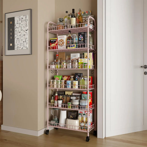 Premium Six Tier Rolling Storage Cart With Swivel Wheels, Sturdy Metal Mobile Shelving Rack For Tight Spaces, Dope Pink Utility Organizer For Kitchen Laundry Or Bathroom, Smooth Glides And Zero Clutter filled with food and supplies.