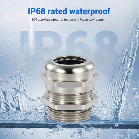 Stainless Steel Cable Gland NPT1 Waterproof IP68 Cord Grip Connector with Gasket and Locknut, 33.2mm opening, water splash background