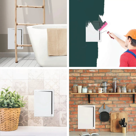 10 X 14 Inch White Steel Drywall Access Panel With Slick 145 Degree Swing Door Hidden Wire Cover For Plumbing And Electrical Upgrades No Sweat Install Rock Solid Frame shown in various home settings.