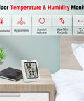 TP50 Digital Hygrometer And Indoor Thermometer With Wellness Indicator Shows Dry Comfort Wet Humidity Levels, High Accuracy Sensor, Fast Refresh Rate, Easy Home Climate Monitor For Living Room, Bedroom, Nursery Or Office, on bedside table