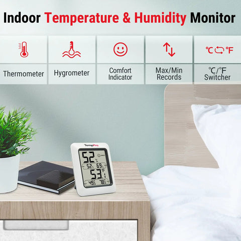 TP50 Digital Hygrometer And Indoor Thermometer With Wellness Indicator Shows Dry Comfort Wet Humidity Levels, High Accuracy Sensor, Fast Refresh Rate, Easy Home Climate Monitor For Living Room, Bedroom, Nursery Or Office, on bedside table