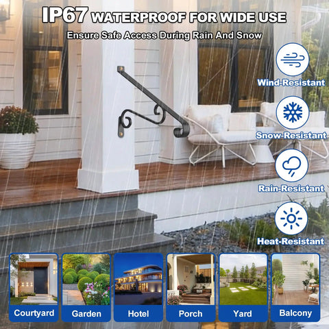 Heavy Duty Wall Mounted Outdoor Stair Handrails Sized Perfect For One To Two Steps Sleek Wrought Art Grab Rail with IP67 waterproof feature.