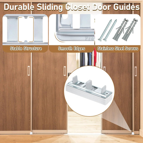 Image of Two Pack Sliding Closet Door Floor Guides With Carpet Risers For An Adjustable Fit For Doors From 3/4 To 1 3/8 Inch Thick, showcasing metallic finish, stable structure, smooth edges, and stainless steel screws.
