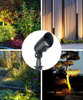 Collage of Low Voltage 12V 4W Landscape Lights 6 Pack With Replaceable LED Bulbs illuminating garden, lawn, and architecture at night.