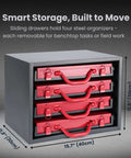 Heavy Duty Metal Small Parts Cabinet With Sliding Rack Drawers Four Removable Tool Boxes And Color Coded Compartments For Nuts Bolts Screws And Small Parts Ideal For Shops Garages And Service Trucks shown with red drawers