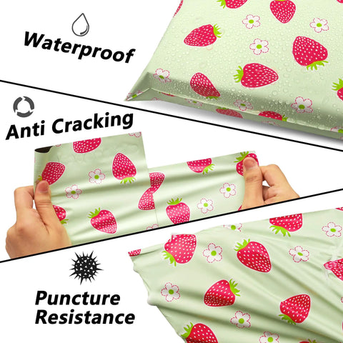 Hands stretching and demonstrating Strawberry Print 12x15.5 Inch Poly Mailers Pack Of 50 Self Sealing Waterproof And Tear Resistant Shipping Bags For Small Business Easy Zip Closure Lightweight Durable Packaging For Ecommerce Shipments