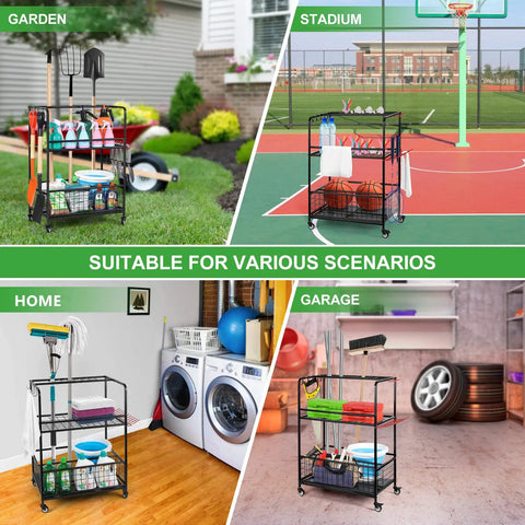 Garden Tool Organizer With Wheels Rugged Heavy Duty Metal Shelf Garage Tool Storage Rack With Hooks for various uses