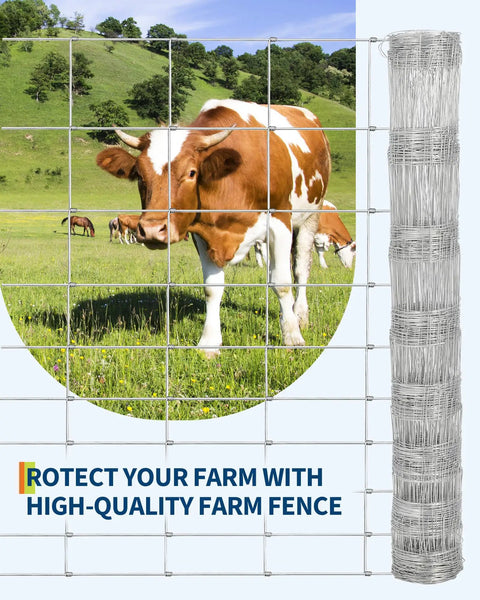 Cattle Fence 4ft By 328ft Heavy Duty Galvanized Wire And Chain Link Fence for livestock protection, shown with cow in field