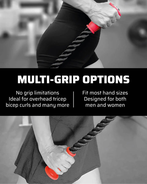 Person using Ergonomic Grip Tricep Rope Attachment For Cable Machines 16.5 Inch Length 1.8 Inch Thick Rope Non Slip Ends in gym