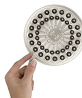 Hand holding Six-Mode RainFall Plus Rain Shower Head With PowerPulse Massage, Brushed Nickel Finish, showing spray nozzles.