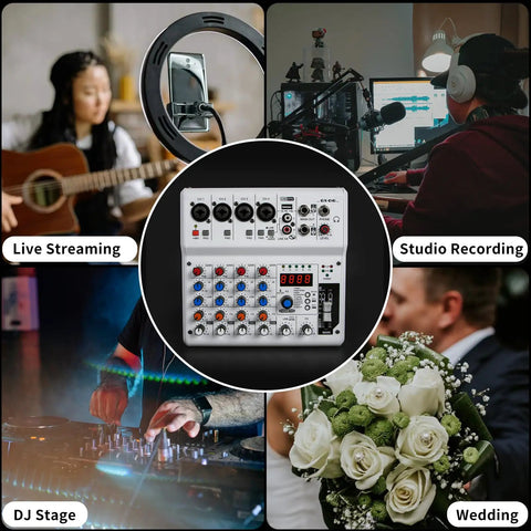 Collage of 6 Channel Audio Mixer For PC With Bluetooth USB Recording for live streaming, studio recording, DJ stage, and wedding.