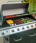 Outdoor gas grill cooking assorted vegetables and meats, compatible with Universal AA Battery Push Button Igniter For Gas Grills Replacement.