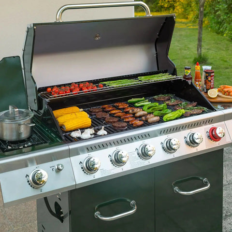 Outdoor gas grill cooking assorted vegetables and meats, compatible with Universal AA Battery Push Button Igniter For Gas Grills Replacement.