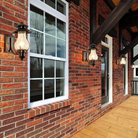 Brick porch with No Fuss Dusk To Dawn Sensor Outdoor Wall Sconce With Photocell, oil rubbed brown finish, rustic lanterns