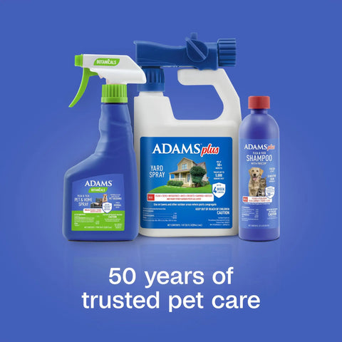 Adams pet care product range with Yard Spray That Kills Fleas Ticks Mosquitoes And Ants Up To 5000 Sq Ft With 32 Fluid Ounces Easy To Use Outdoor Pest Control For Lawns And Patios Easy To Apply From Hose End Or Sprayer For Quick Outdoor Pest Protection visible.