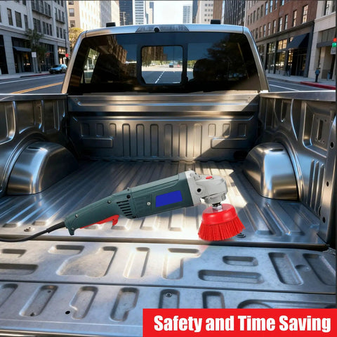 4 Inch Nylon Filament Cup Brush Set with electric tool in truck bed for rust removal and prep
