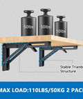 Heavy Duty Folding Shelf Bracket Six Inch Wall Mounted Collapsible Workbench Support with weights showing 110lbs capacity.