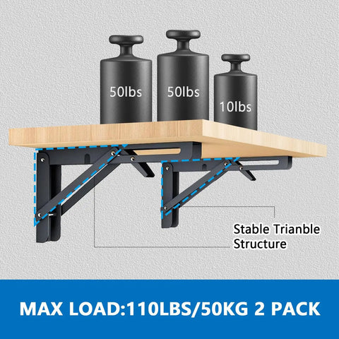 Heavy Duty Folding Shelf Bracket Six Inch Wall Mounted Collapsible Workbench Support with weights showing 110lbs capacity.