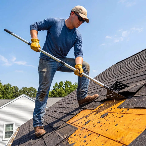 Man using Flex Grip Roof Cleanup Shovel With Segmented Adjustable Pole No Sweat Sweep for loose asphalt shingles.