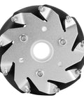 100mm mecanum drive wheel with silver metal hub and black rubber rollers, front view