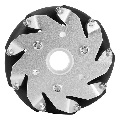 100mm mecanum drive wheel with silver metal hub and black rubber rollers, front view