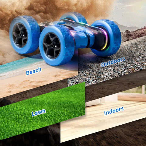 4WD Remote Control Stunt Car With 360 Degree Flip Double Sided RC Cars LED Light Bar on beach, lawn, indoors